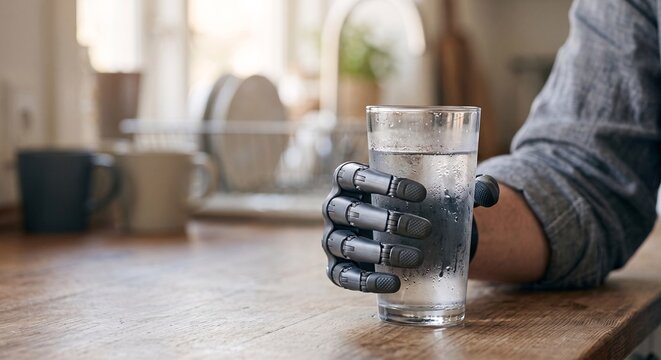 A prosthetic robotic hand holding a refreshing glass of cold water at a wooden kitchen table