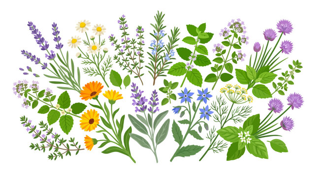 Herbal Garden Collage: Lavender, Chamomile, Rosemary, Mint, Thyme, Chives, Borage