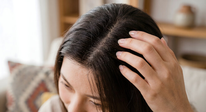 Woman touching and scratching her head with itchy scalp and dandruff problems in a living room.