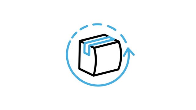 Package return process icon animation. Back arrow with cardboard box, product, parcel, gift, container animated video loops for delivery, shipping, shipment, packing, distribution - motion graphics