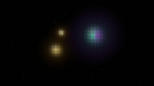 Three glowing orbs of light, resembling celestial bodies or abstract art, float in the dark void of space, rendered with a pixelated, digital aesthetic.