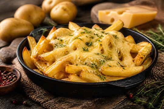 A black cast iron skillet filled with cheesy french fries is presented on a rustic wooden surface, surrounded by potatoes and herbs.