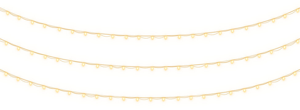 Dense golden fairy lights on transparent background. Warm yellow Christmas string lights garland. Festive glowing vector decoration