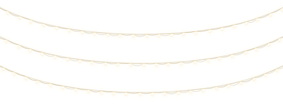 Hanging Christmas string lights on transparent background. Three warm white fairy light garlands with bright glow. Festive holiday decoration vector