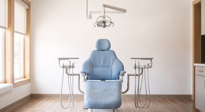 A modern dentist chair and equipment set in a clean bright professional dental clinic room