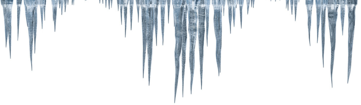 Realistic blue icicles hanging from top border. Frozen ice spikes isolated on transparent background. Winter design element