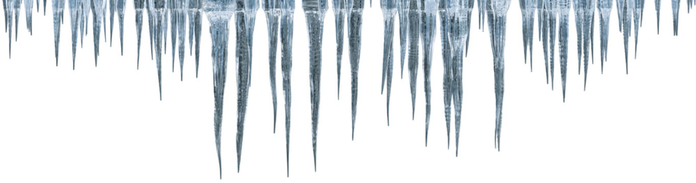 Dense realistic icicles hanging from the top. Transparent blue ice spikes border on a grid background. Winter season design element