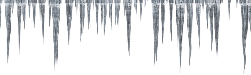 Clear icicles hanging from the top edge. Realistic winter ice border on transparent background. Frozen water drops design element © Ada_vector_stok
