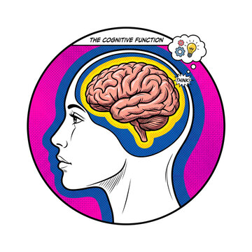 Brain profile human head pink blue circle. Comic pop art style text think.