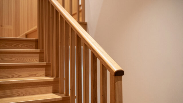 手すりの角を丸めた安全設計な無垢材の木製階段｜Safety-conscious wooden stairs with rounded handrail edges
