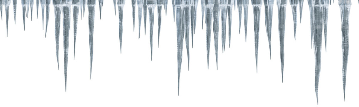 Realistic icicles hanging on transparent background. Winter ice border element. Frozen water drops design template