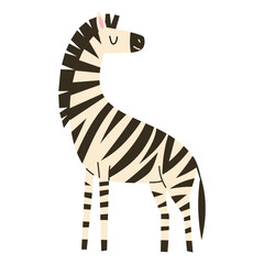 Obraz premium Cute zebra standing with a distinctive black and cream striped coat, upright mane and long tail. Friendly African animal isolated on white background, flat vector illustration. Vector illustration