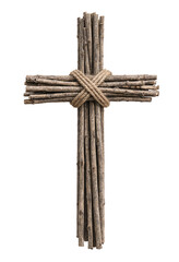 Handmade wooden cross made from wooden logs wrapped with thick rope ties, displayed on a transparent background. © ginettigino