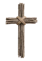 Handmade wooden cross made from wooden logs wrapped with thick rope ties, displayed on a transparent background. © ginettigino