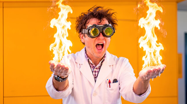Crazy scientist in a white lab coat and protective goggles holding bright fire flames in his hands during a dangerous chemistry experiment in the laboratory