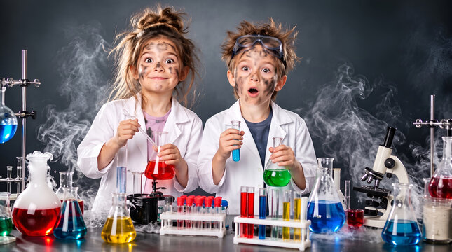 Funny children in science laboratory after explosion with smoke and dirty faces holding test tubes with chemical liquid