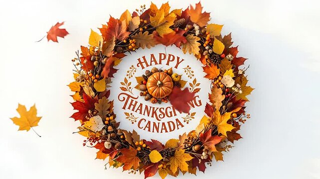 Autumn wreath with pumpkin and falling leaves for Thanksgiving holiday celebration