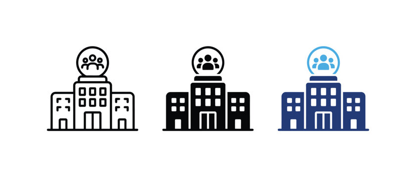Corporate company building aur business headquarters icon, enterprise organization aur office establishment symbol, building sign, corporate graphic. Vector illustration.   