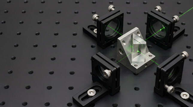 Green laser beam interacting with a scientific prism and optical components on a laboratory breadboard for research.