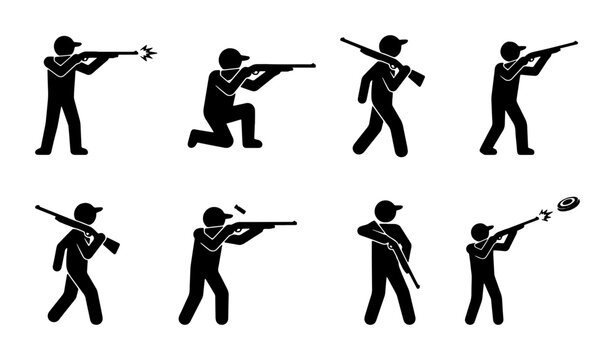 Shooting sport silhouettes set with figures aiming rifles and clay pigeon target, action and competition