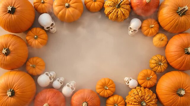 Halloween flat lay background with pumpkins and skulls and smoke