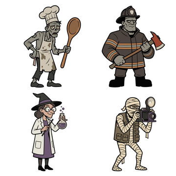 Funny cartoon halloween monsters in various professions set