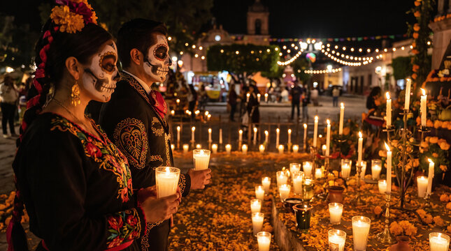 Mexican Couple with Catrina Face Paint Holding Candles at Day of the Dead Night Vigil in Town Square