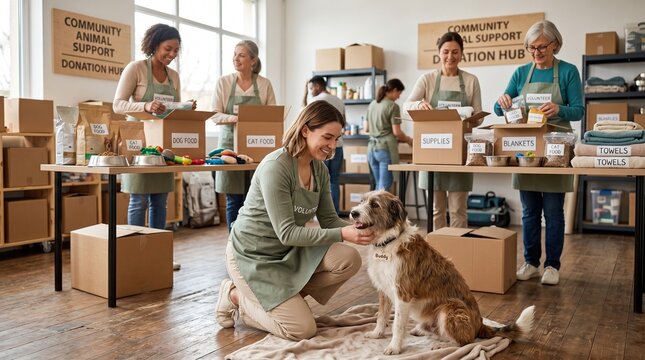 Giving Tuesday volunteers packing pet food and supplies at a