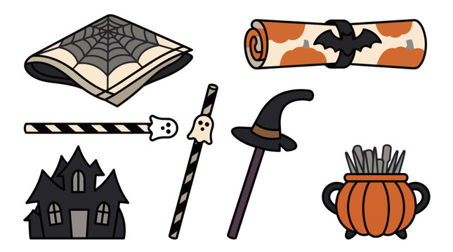Halloween party tableware and paper decor clip art set