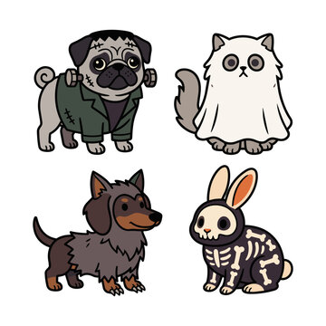 Cute pets in halloween monster costumes clip art set