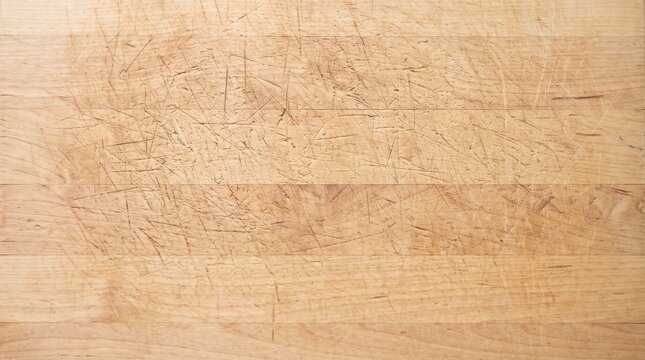 Scratched maple butcher block cutting board texture background with knife marks, light natural wood grain surface, kitchen countertop top view for food and design
