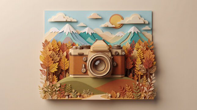 3D Paper Cut Vintage Film Camera with Autumn Forest and Mountain Landscape Illustration