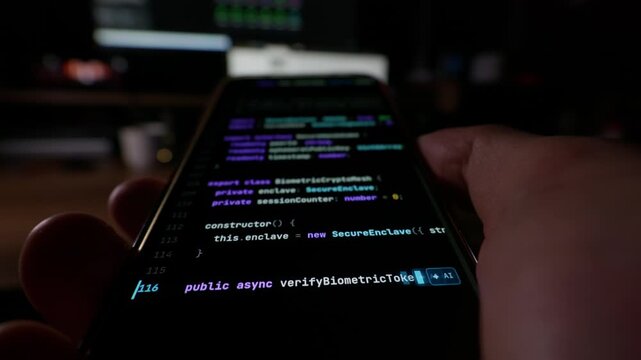 Mobile screen displays glowing software script during an automated vibe coding session in a dim room. Glowing characters deliver modern assets for cyber development and AI software reels.