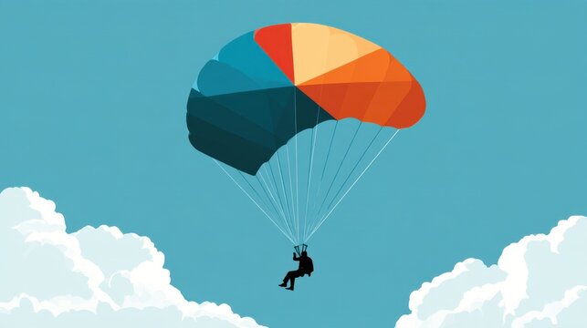 Person parachuting in clear blue sky with colorful parachute canopy above white fluffy clouds during daytime adventure