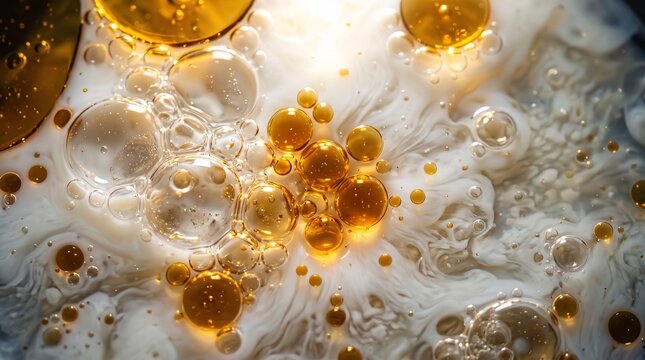 Abstract composition of golden oil droplets suspended in a swirling creamy white liquid