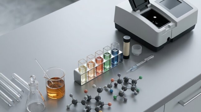 Scientific laboratory equipment for chemical analysis and research experiments, showcasing solutions in test tubes and molecular models.
