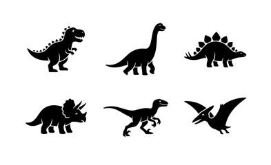 Dinosaur silhouettes set with T-Rex, Brontosaurus, Stegosaurus, Triceratops, Raptor and Pterodactyl for prehistoric themes © Sagorislam