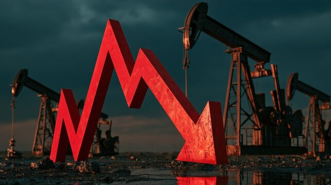 Financial crisis concept, red downward arrow over oil pump jacks, dark sky