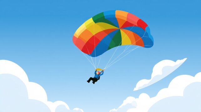 Person with colorful parachute skydiving in blue sky with white clouds adventurous extreme sport activity outdoor