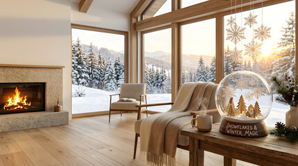 Naklejka premium Relaxing interior of a cozy cabin with a warm fireplace and panoramic views of snowy mountains at sunset.