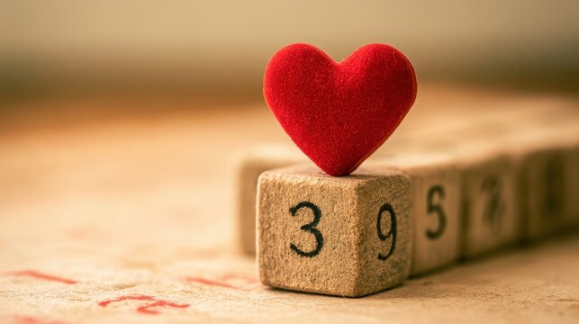Red heart shape on wooden numbered block 39 close up love symbol on vintage rustic background concept of affection and caring emotion