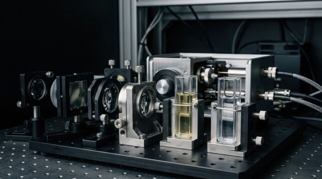 Scientific laboratory spectrometer setup with liquid samples in optical cubettes for advanced analysis