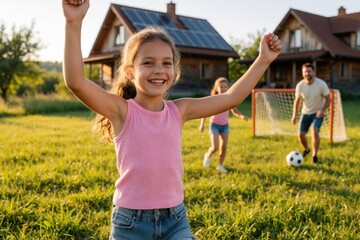 Obraz premium Happy little girl celebrates goal in green backyard. Joyful child plays soccer with father, sister on sunny summer day. Family enjoys outdoor sport activity near house with solar panels. Fun