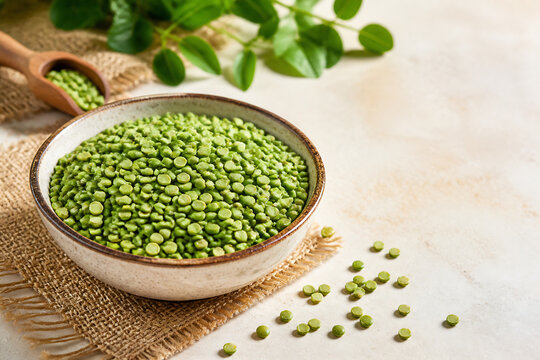 A bowl of green split peas rests on burlap fabric next to a light-colored surface with scattered peas.
