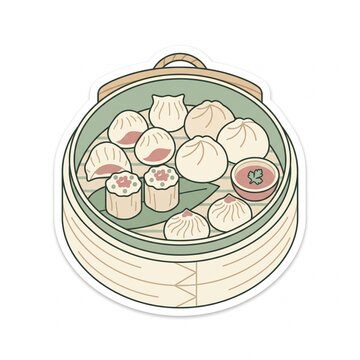 Assorted dim sum set in bamboo steamer vector illustration isolated on white background