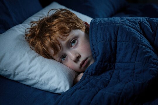 Scared young boy lies awake in bed at night. Redheaded child hides under blue blanket with wide eyes. Frightened kid experiences nightmare insomnia in dark bedroom. Fearful preteen stares at wall
