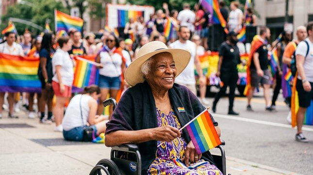 Happy senior black woman in wheelchair holding rainbow flag at pride parade