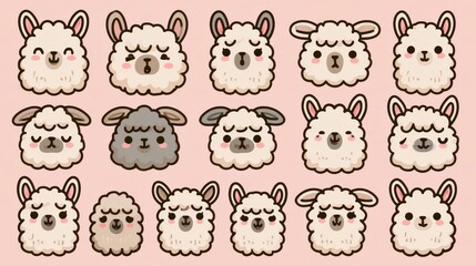 Fototapeta premium Llama face clipart bundle: cute cartoon heads for crafts and design projects