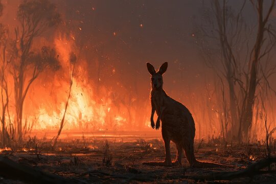 Lone kangaroo facing a fiery Australian landscape with smoke and ember-filled sky