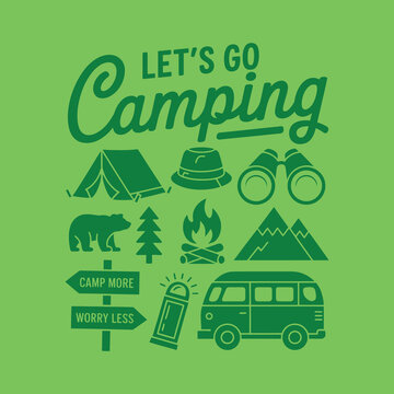 Let's Go Camping Outdoor Adventure Vector Set - Vintage Camper Van, Tent, Campfire, Bear, Binoculars, and Mountain Icons